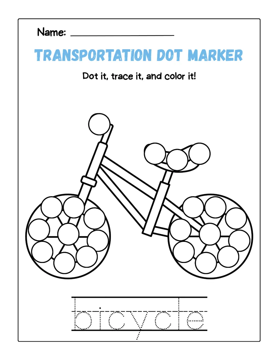 Bicycle page: students stamp circles on the wheels, seat and handlebar of a bike, trace the word bicycle and color it