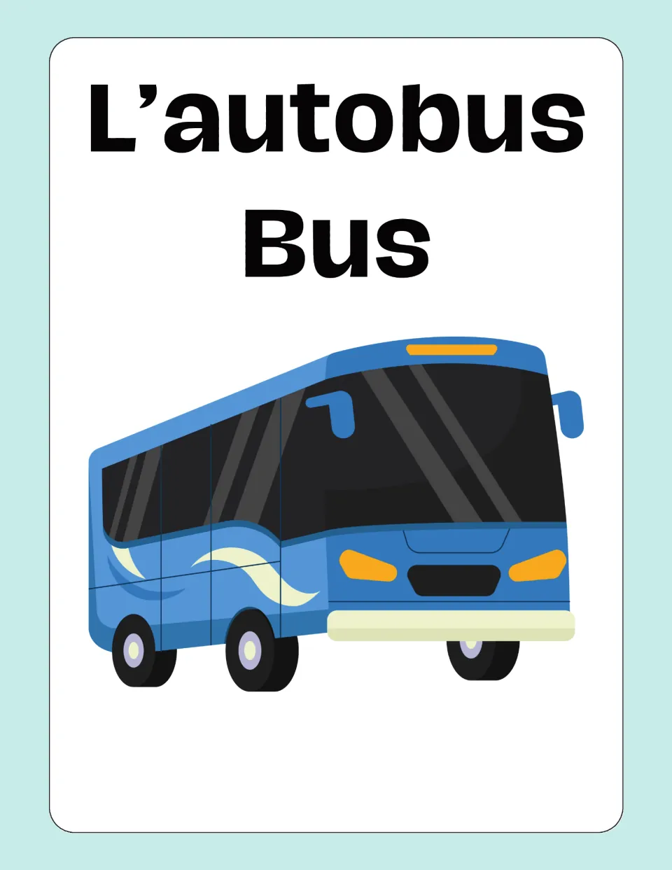 Italian-English transportation flashcard 2: “L’autobus” (bus), illustrated with a blue passenger bus