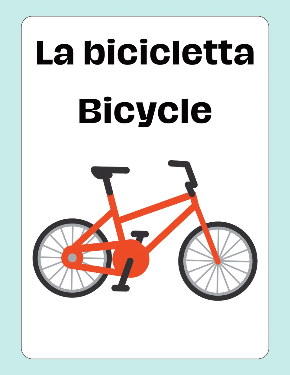 Italian-English transportation flashcard 5: “La bicicletta” (bicycle), illustrated with an orange bicycle