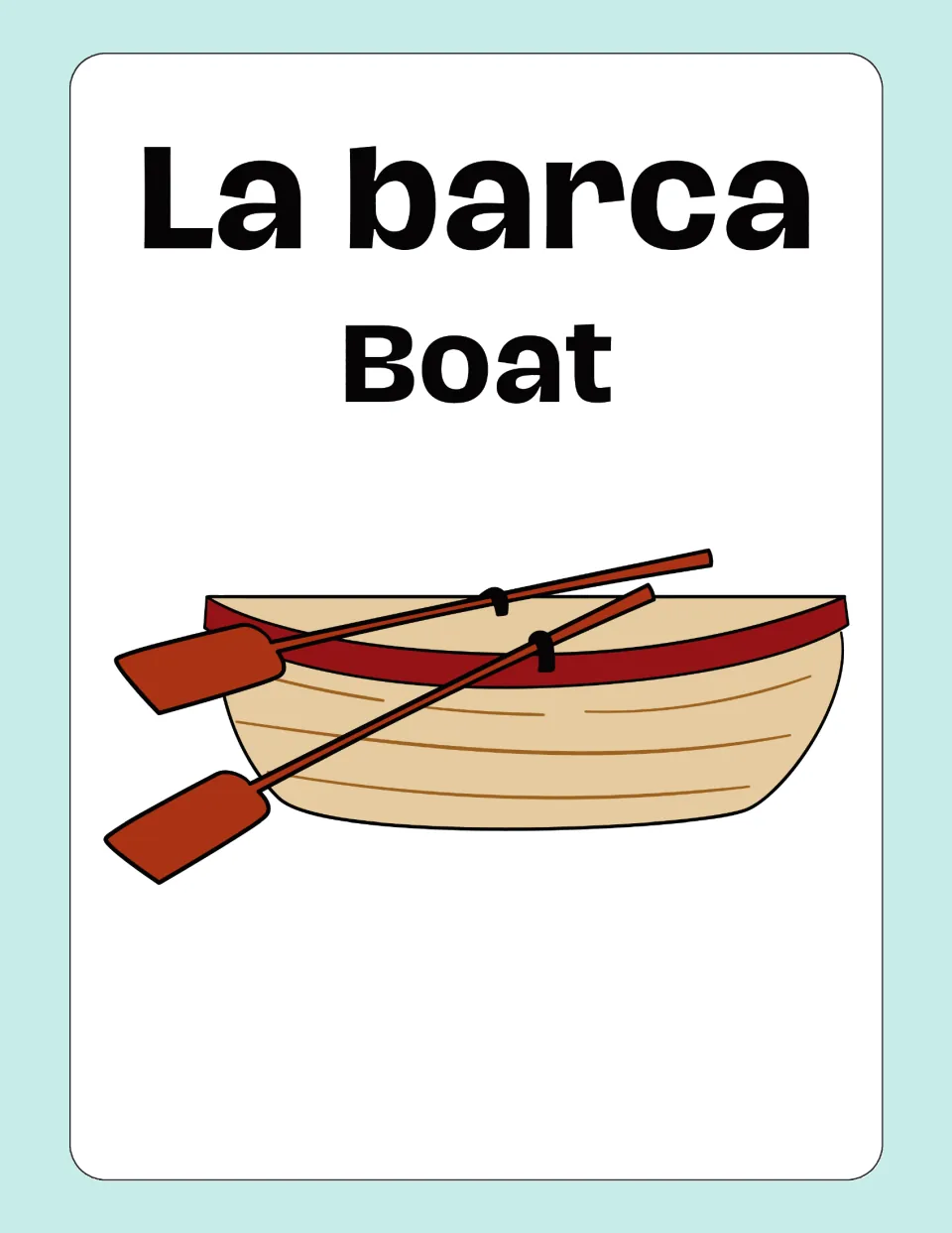 Italian-English transportation flashcard 8: “La barca” (boat), illustrated with a rowboat and two oars