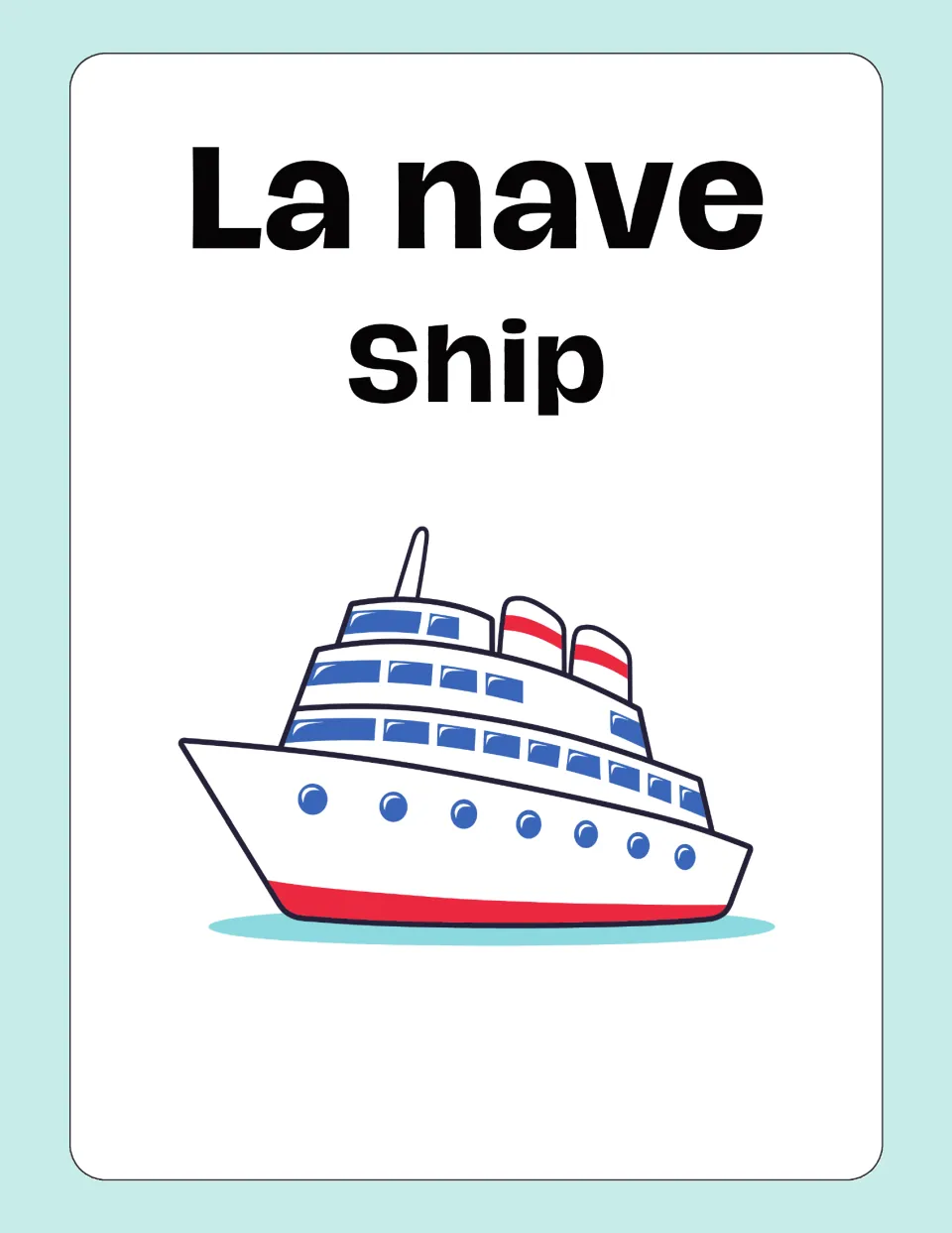 Italian-English transportation flashcard 9: “La nave” (ship), illustrated with a white, red, and blue ship