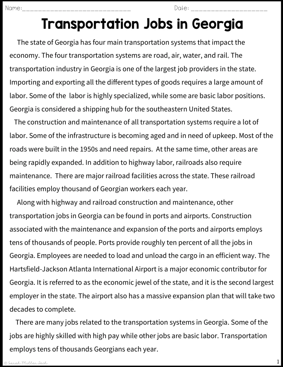 Reading passage on jobs in Georgia's road, air, water and rail systems, from port labor to the Atlanta airport