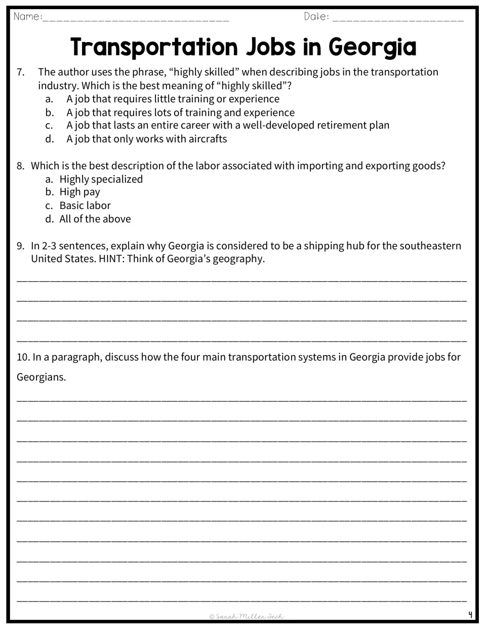 Questions 7-10: meaning of 'highly skilled', import-export labor, then written responses on Georgia as a shipping hub