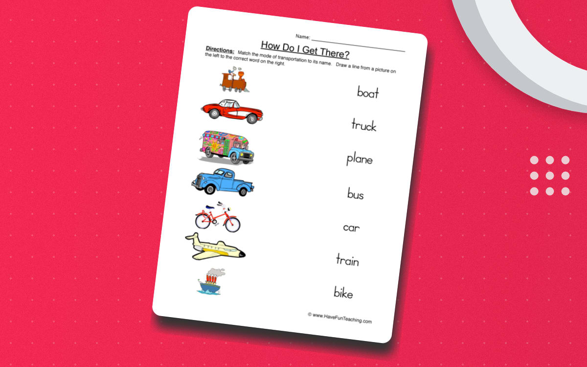 Transportation Matching Worksheet preview: Seven transportation pictures