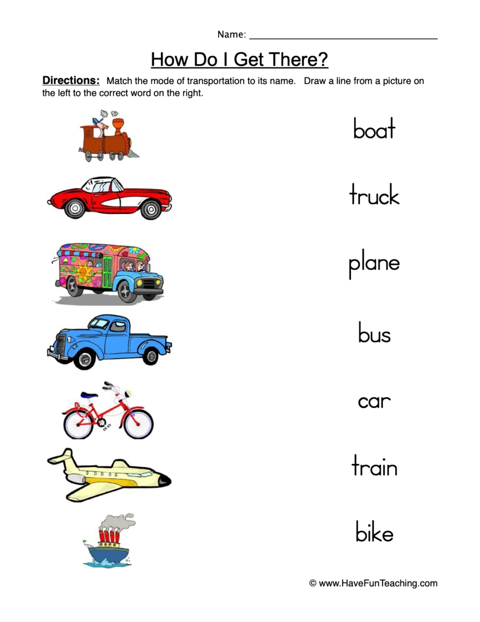 How Do I Get There? Students draw lines matching 7 vehicle pictures, such as train, bus and plane, to their written names