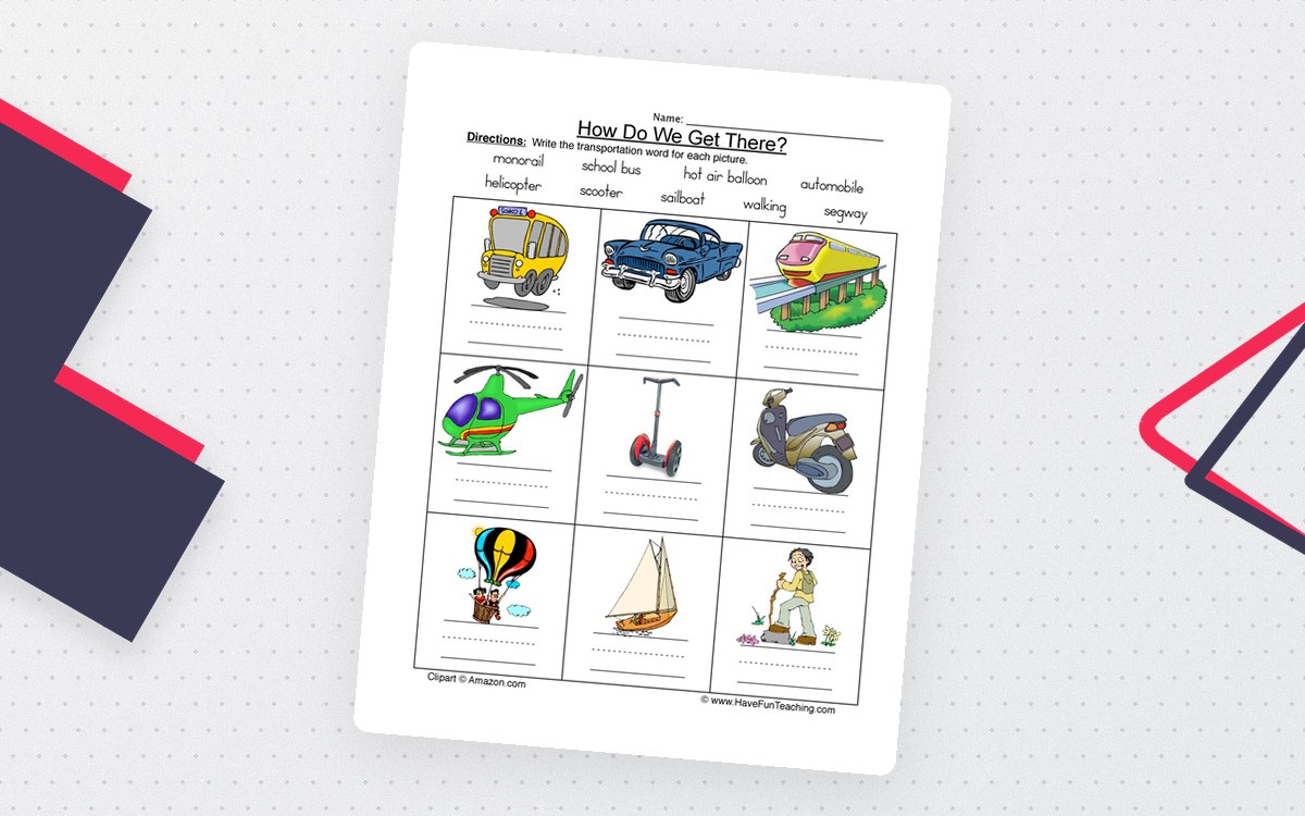 Transportation Names Worksheet preview: Nine transportation picture prompts