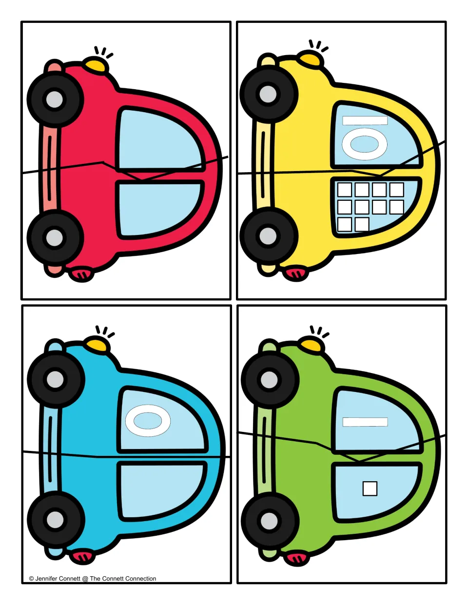 Car number puzzles for 0, 1 and 10 plus a blank car: students match each numeral half to the half with that many boxes