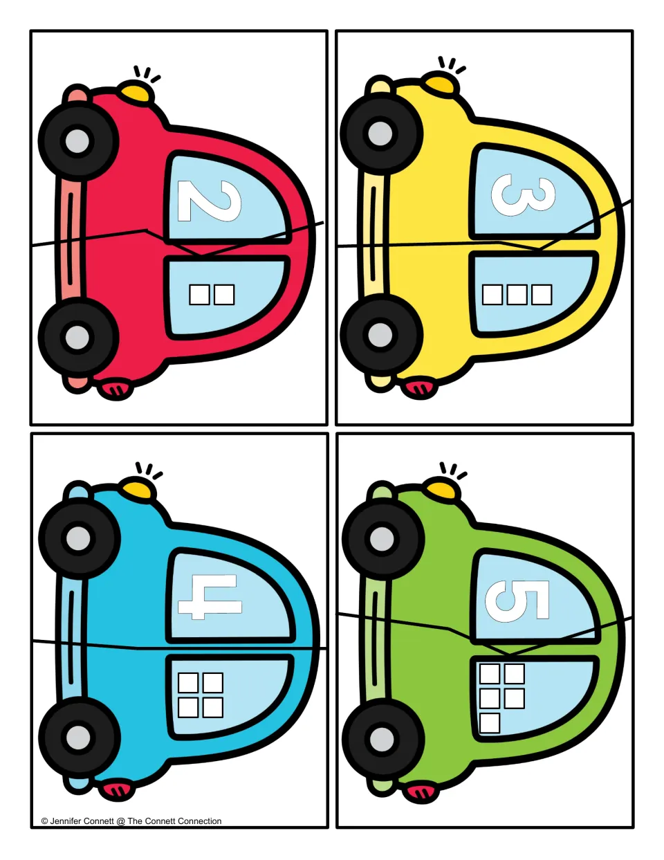 Car puzzles for numbers 2 to 5: students join each two-piece car by matching the numeral to its set of 2, 3, 4 or 5 boxes