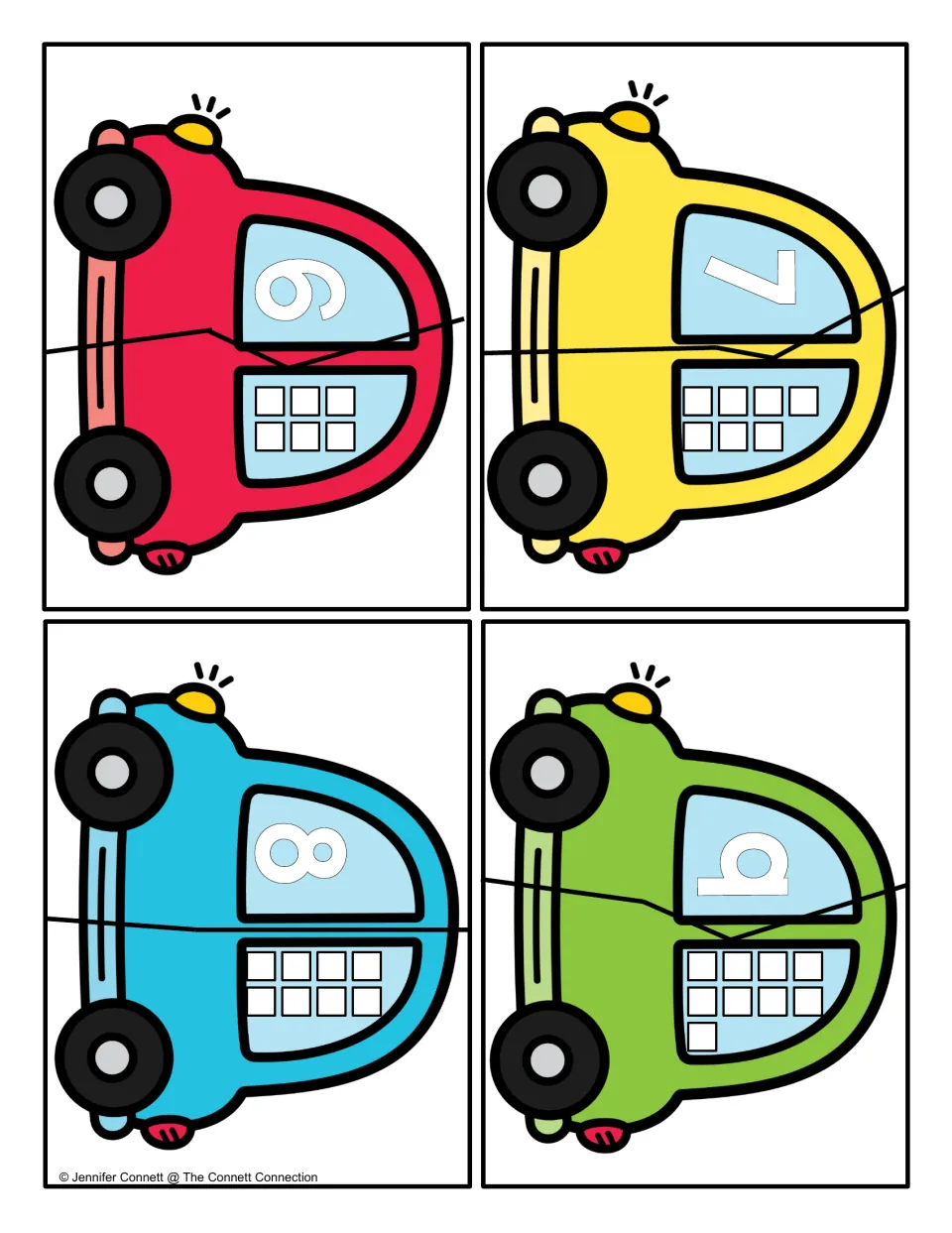 Car puzzles for numbers 6 to 9: students count the boxes on one car half and pair it with the half showing that numeral
