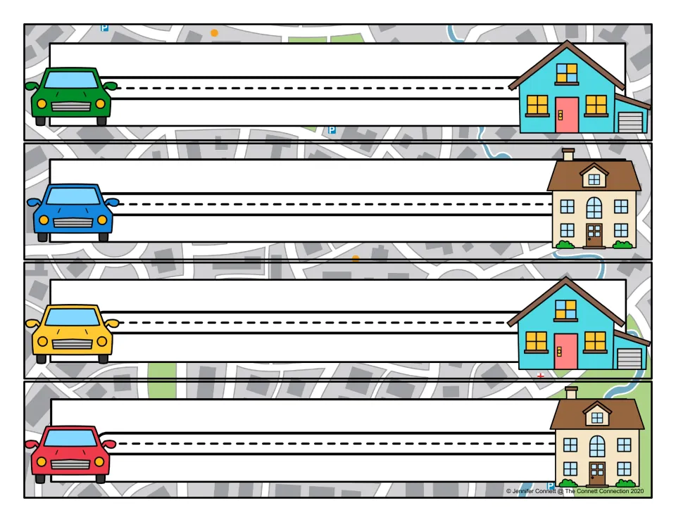 Prewriting tracing cards 1–4: four straight horizontal paths leading from green, blue, yellow, and red cars to houses