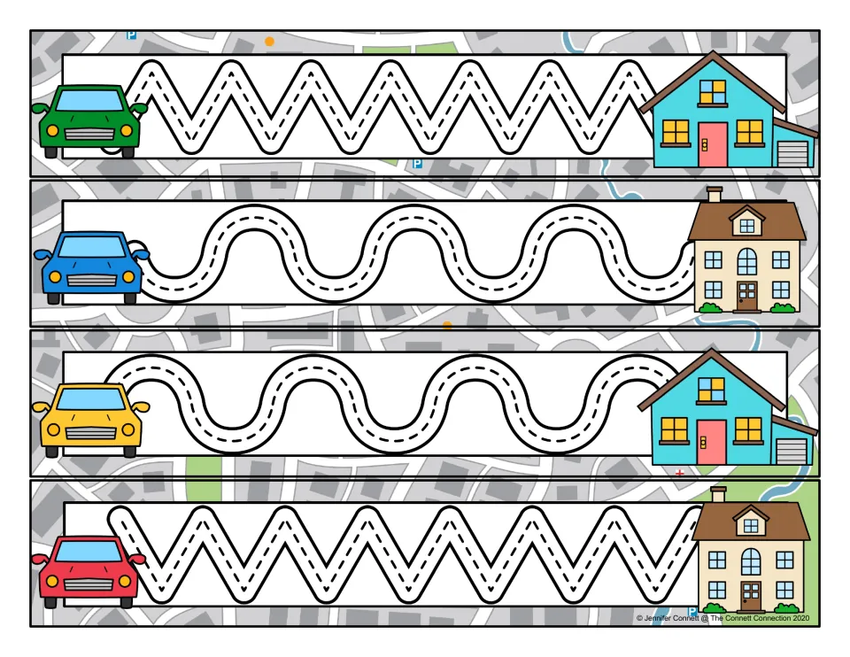 Prewriting tracing cards 5–8: two zigzag paths and two rounded wave paths leading from cars to houses