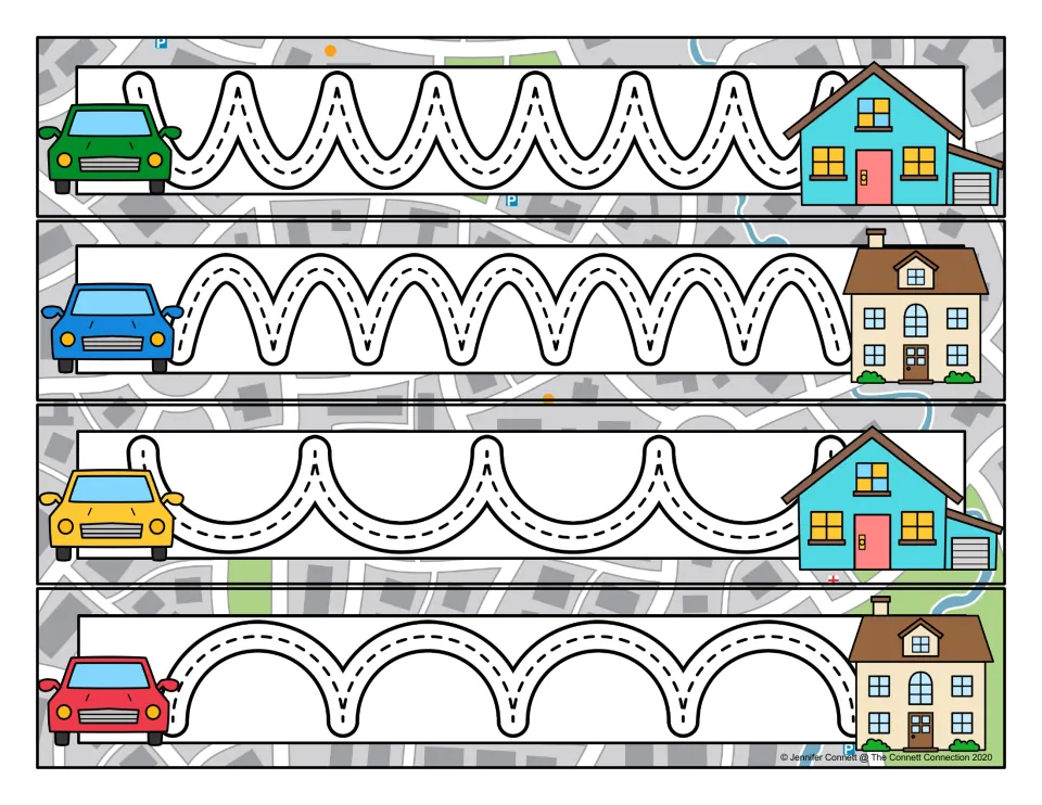 Prewriting tracing cards 9–12: narrow and wide rows of upward arches and downward curves from cars to houses