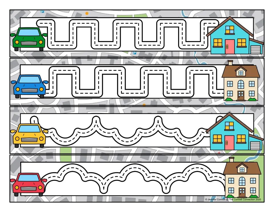 Prewriting tracing cards 13–16: two squared step paths and two scalloped paths leading from cars to houses