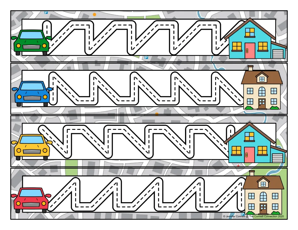 Prewriting tracing cards 17–20: four angular paths combining diagonal slopes, vertical turns, and flat stretches