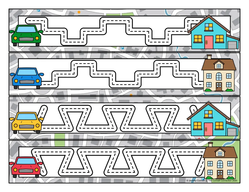Prewriting tracing cards 21–24: two stair-step paths and two paths with repeating slanted trapezoid-shaped turns