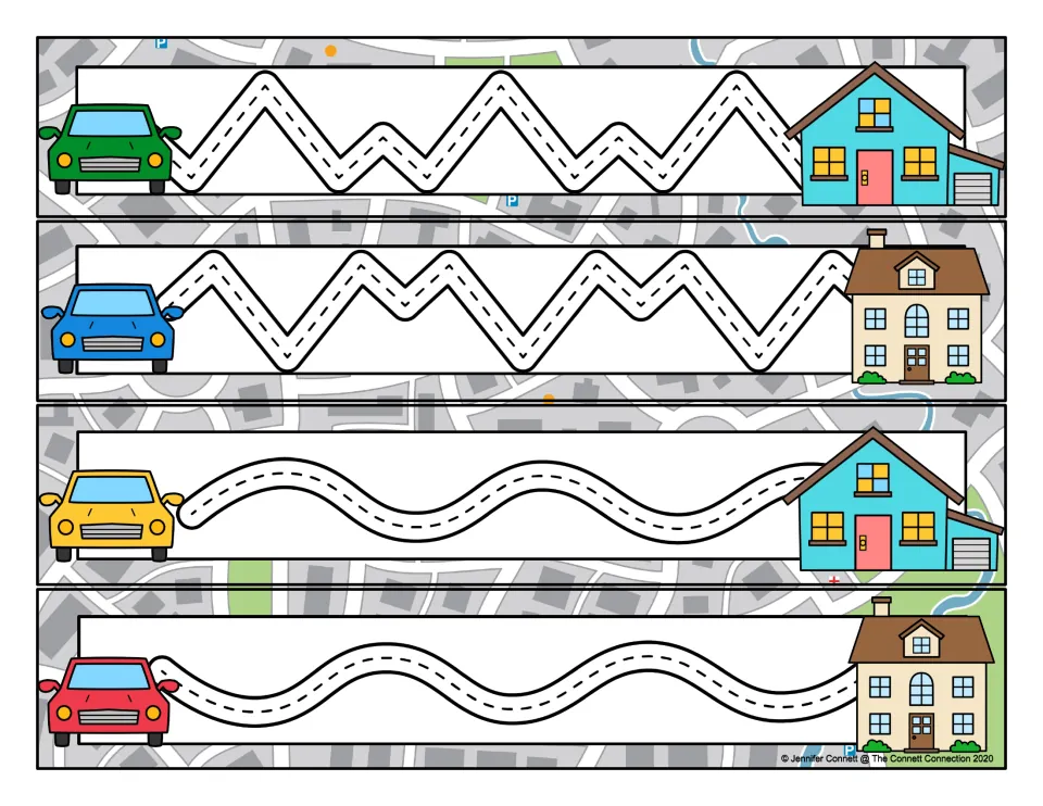 Prewriting tracing cards 29–32: two zigzag paths with varied peak heights and two gently rolling wave paths