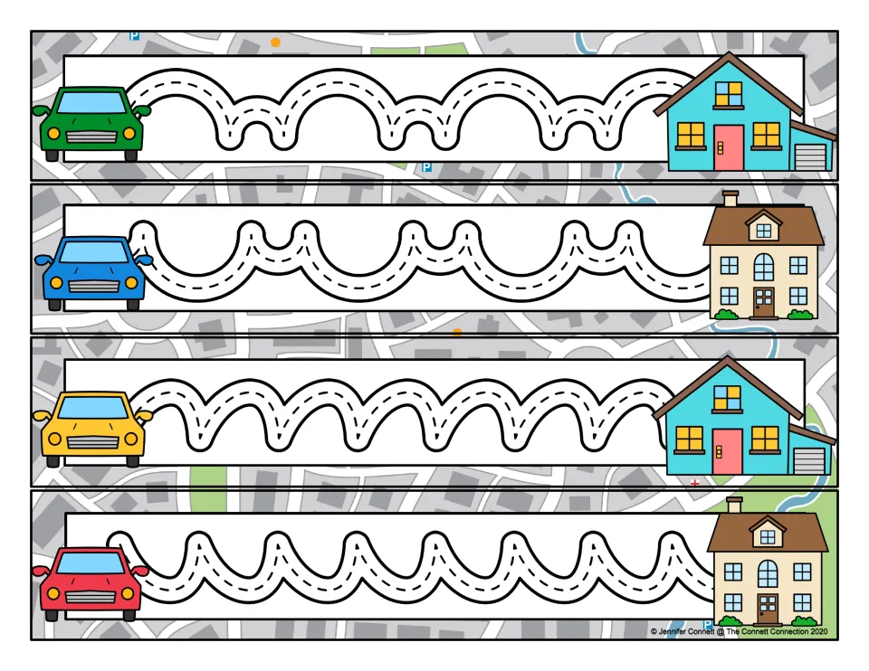 Prewriting tracing cards 33–36: alternating large and small curves, plus repeated tilted arches and dips