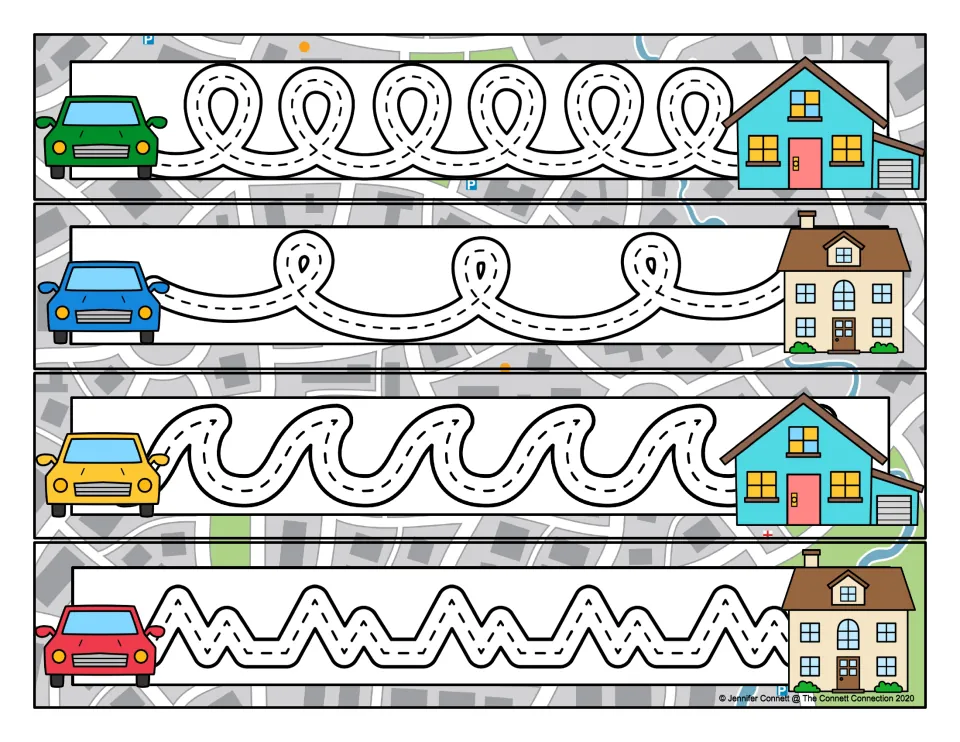 Prewriting tracing cards 37–40: closely spaced loops, widely spaced loops, curling waves, and jagged peaks