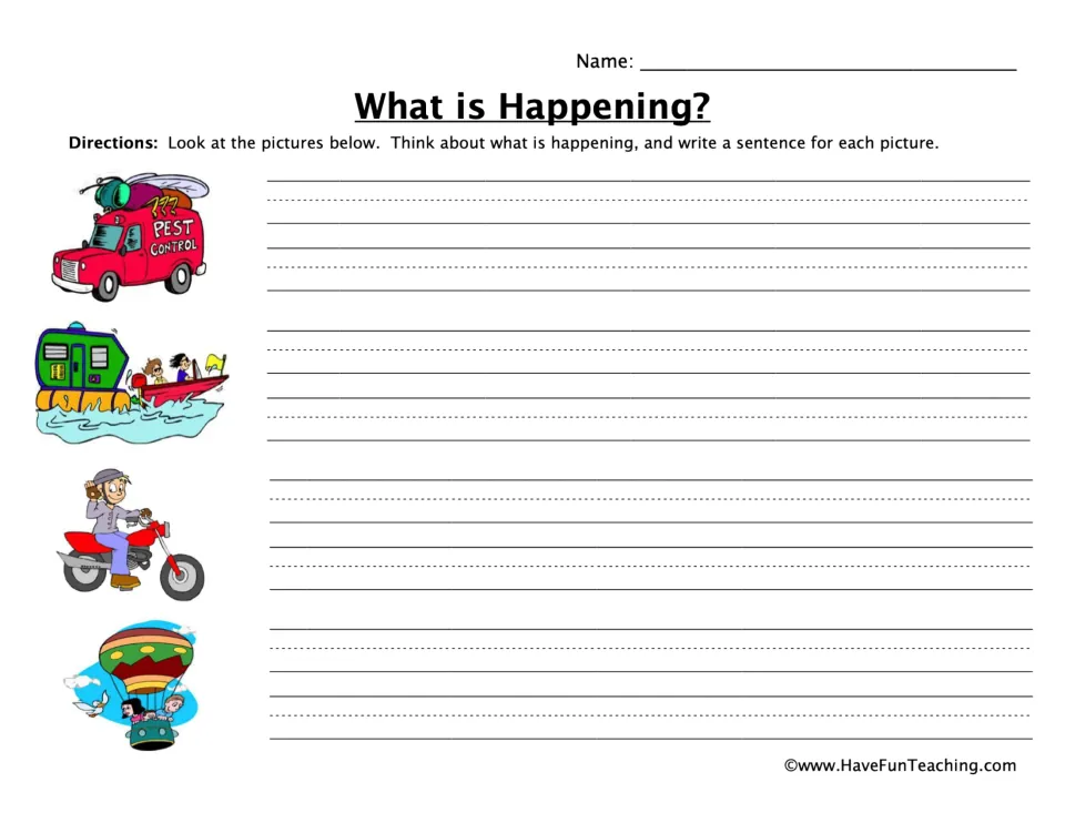 Sentence-writing worksheet: pest control truck, boat, motorcycle, and hot air balloon picture prompts