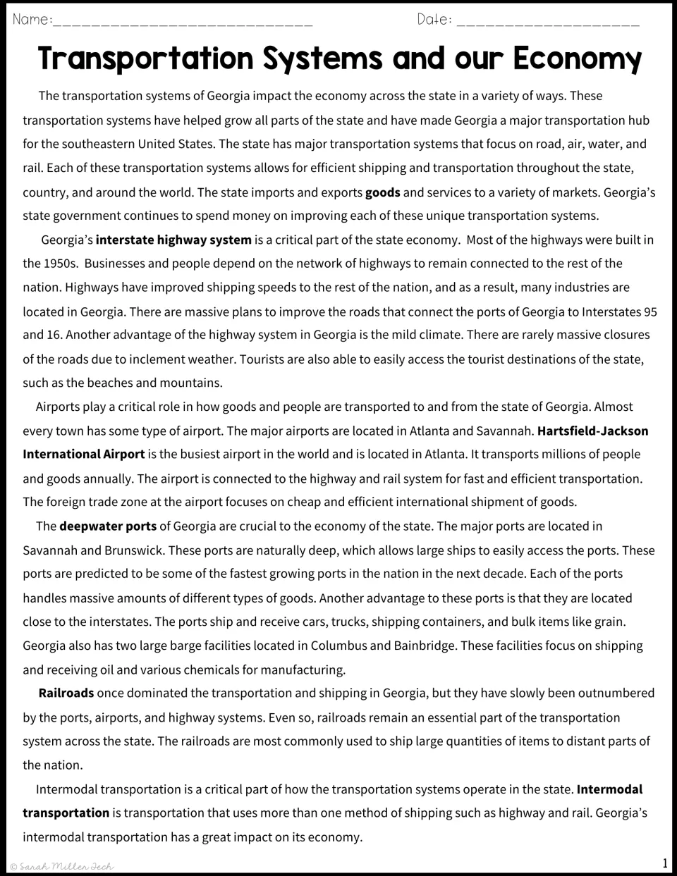 Georgia transportation and the economy: students read about highways, airports, deepwater ports, railroads and intermodal