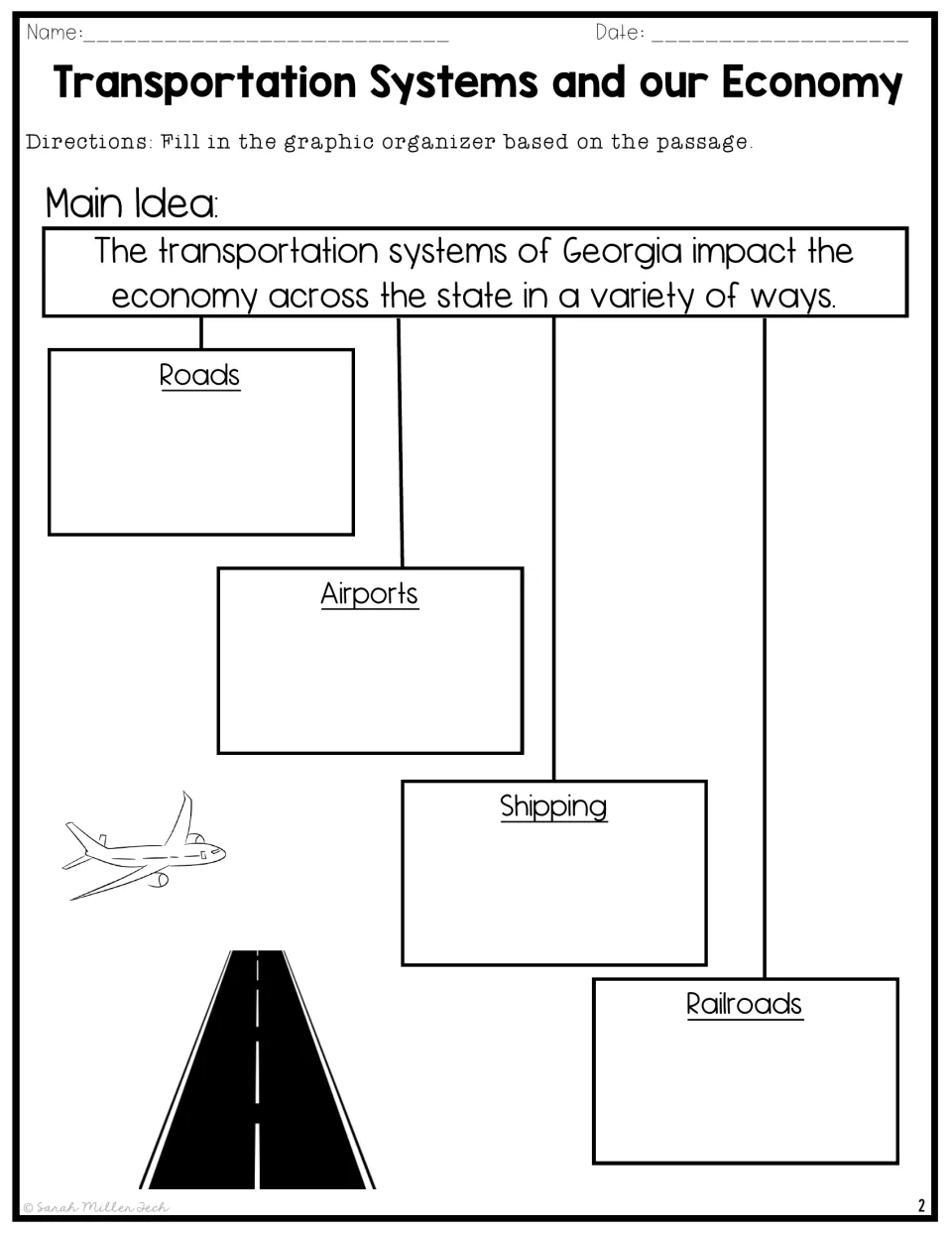 Georgia transportation main idea: students fill a graphic organizer with details on roads, airports, shipping and railroads