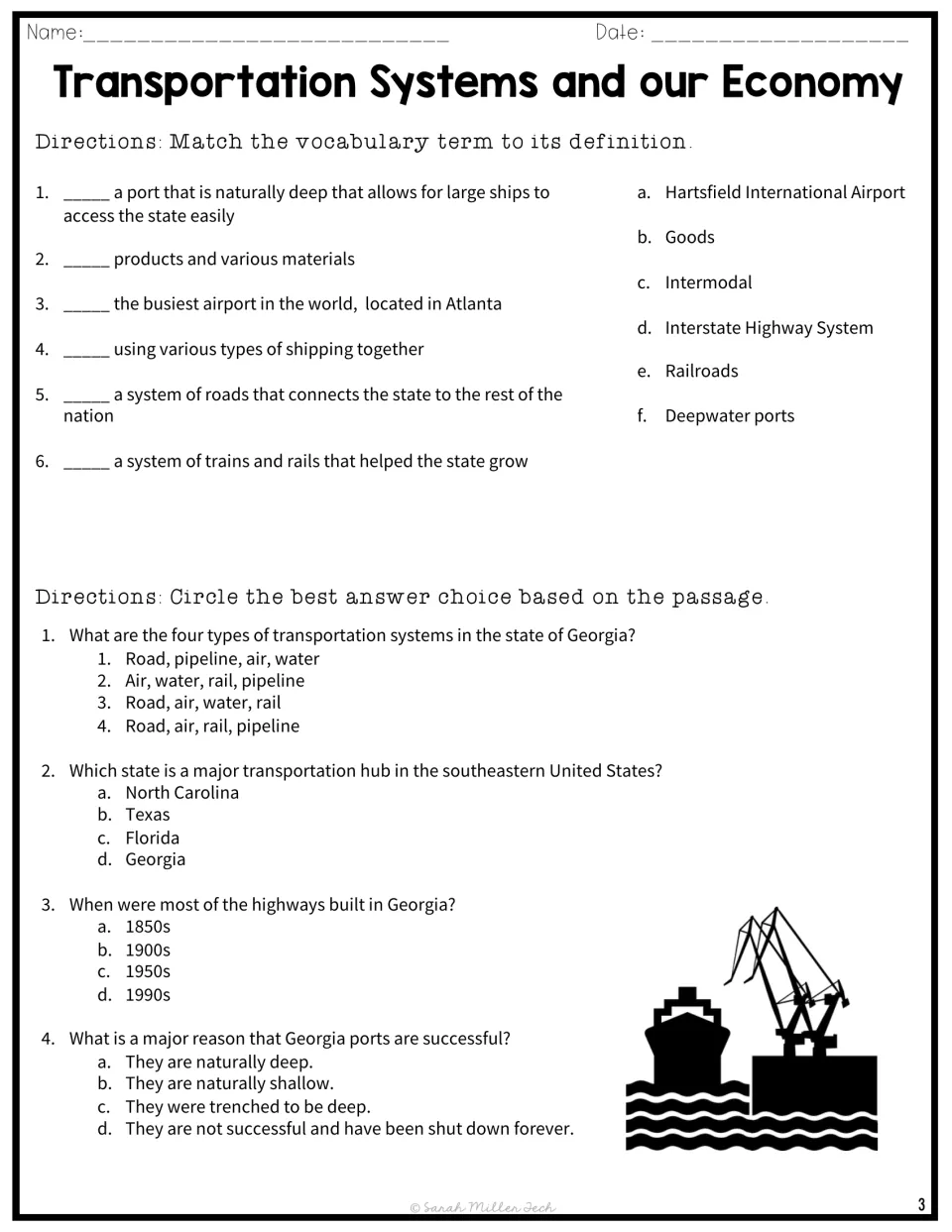 Georgia transportation vocabulary: students match six terms to definitions, then answer four multiple-choice questions