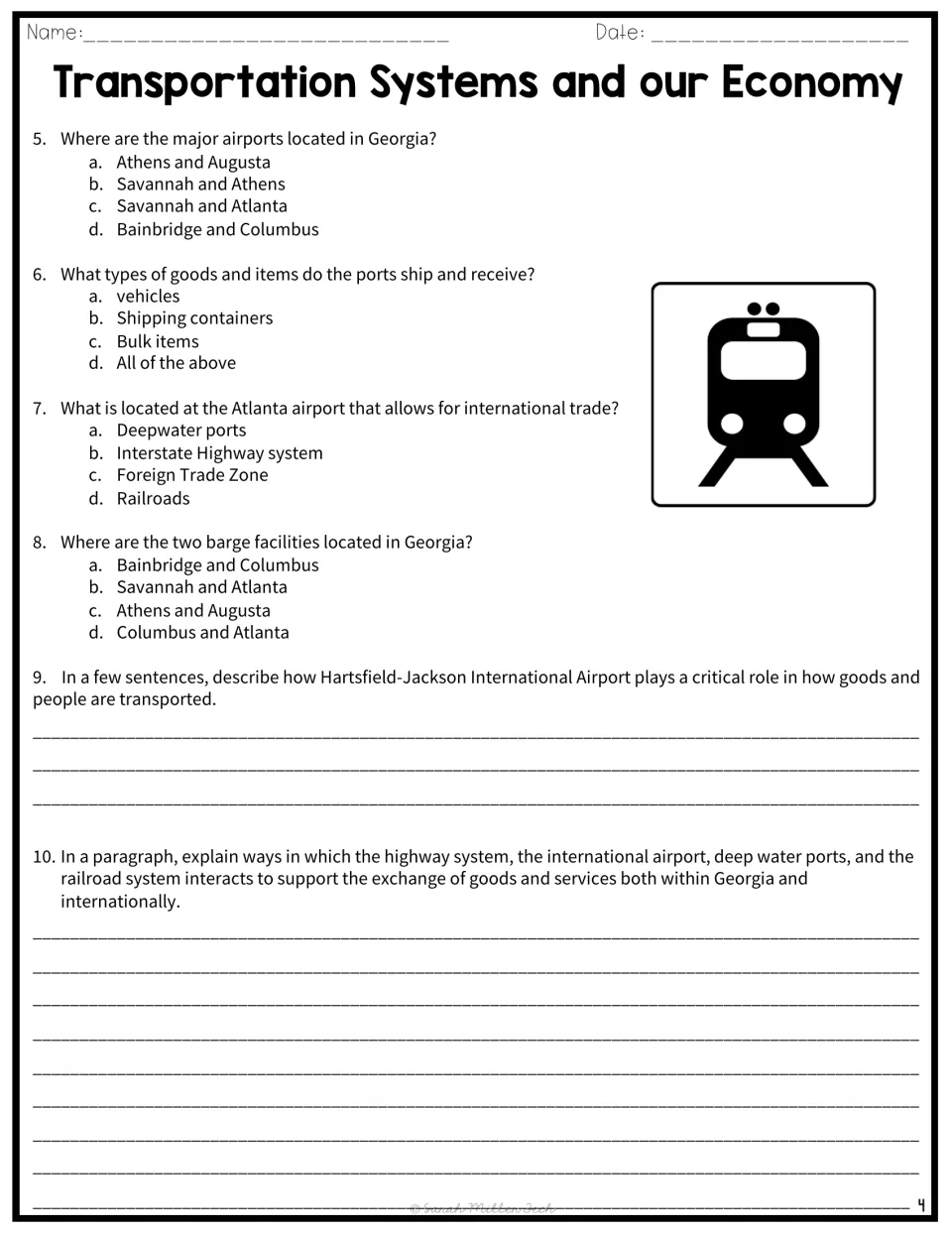 Georgia airports, ports and barges: students answer questions 5-8, then write about Hartsfield-Jackson and trade