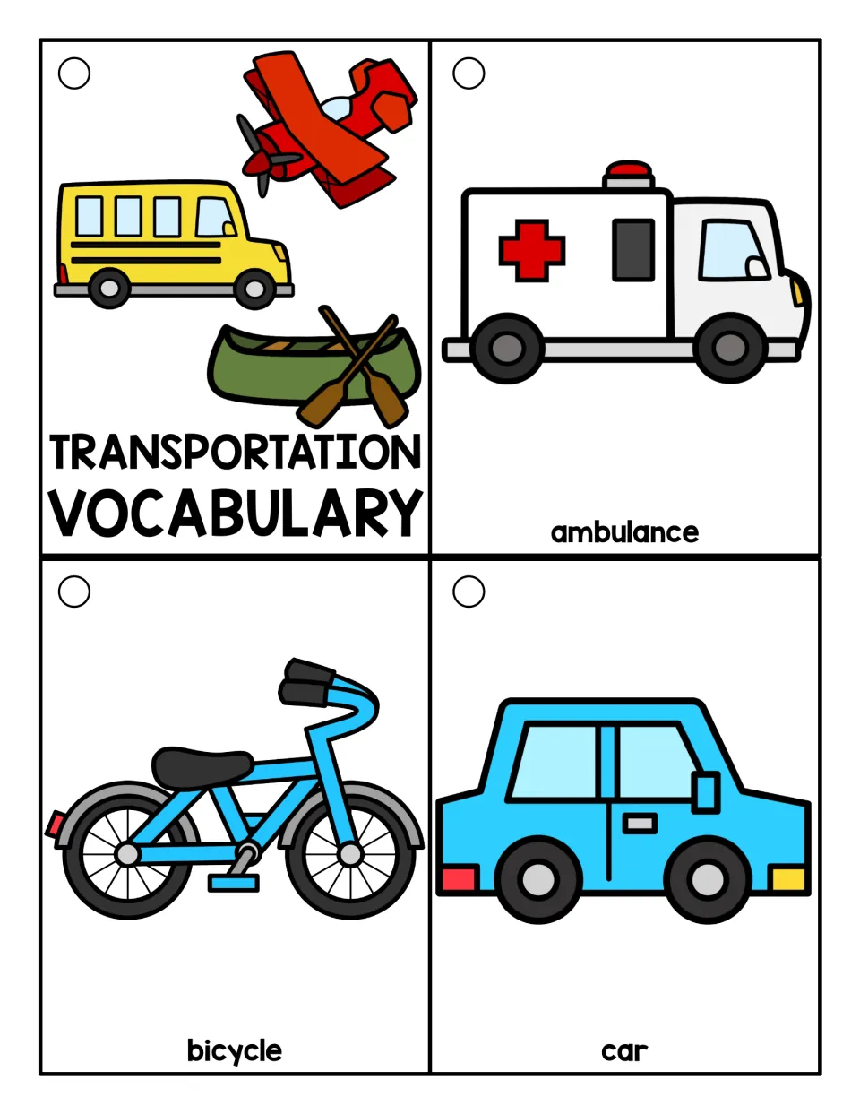 Transportation vocabulary ring cover card and three picture-word cards: ambulance, bicycle, and car