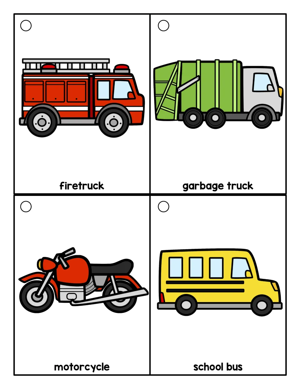 Transportation vocabulary ring cards showing a firetruck, garbage truck, motorcycle, and school bus