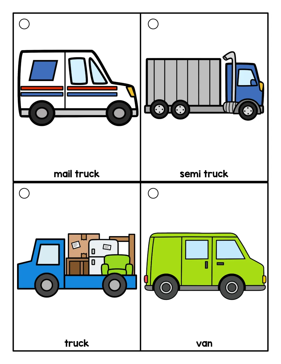Transportation vocabulary ring cards showing a mail truck, semi truck, truck carrying furniture, and van