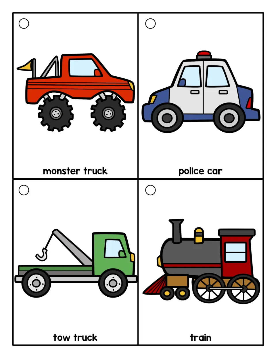 Transportation vocabulary ring cards showing a monster truck, police car, tow truck, and steam train