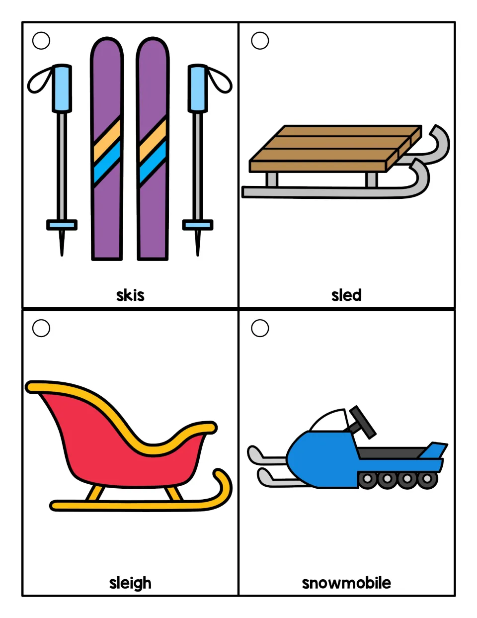 Transportation vocabulary ring cards showing skis with poles, a sled, a sleigh, and a blue snowmobile
