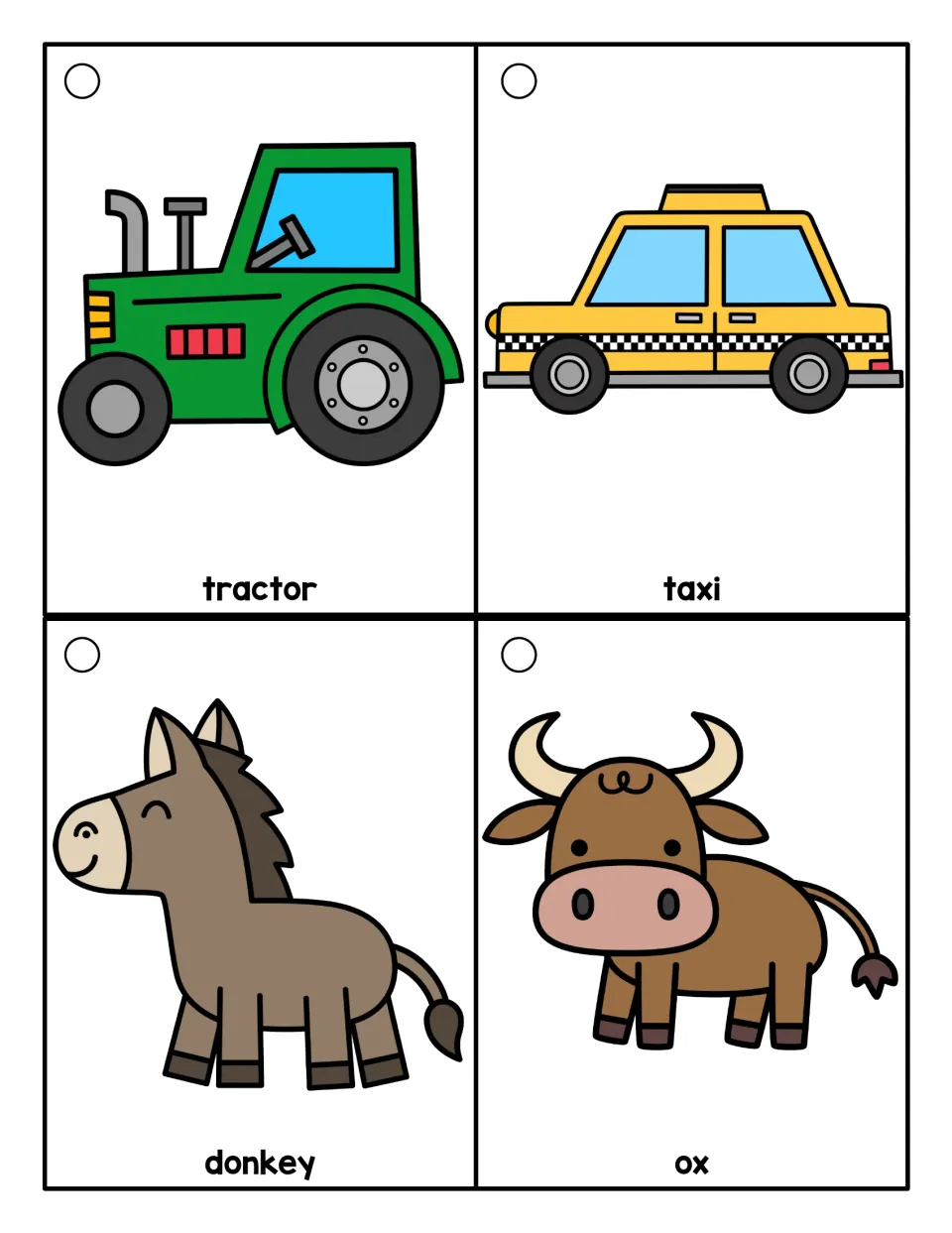 Transportation vocabulary ring cards showing a green tractor, yellow taxi, donkey, and ox with word labels