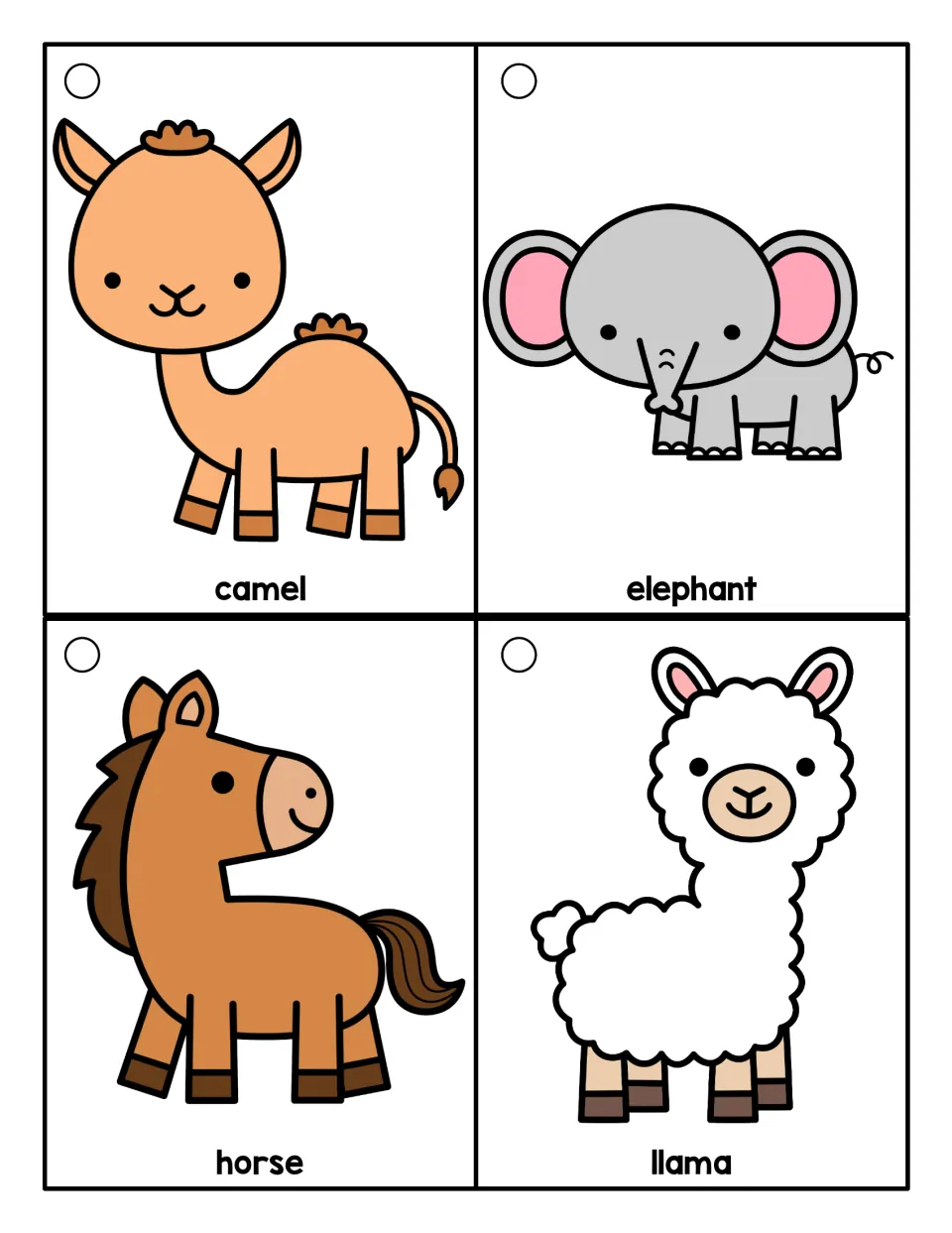 Transportation vocabulary ring cards featuring labeled animal pictures: camel, elephant, horse, and llama