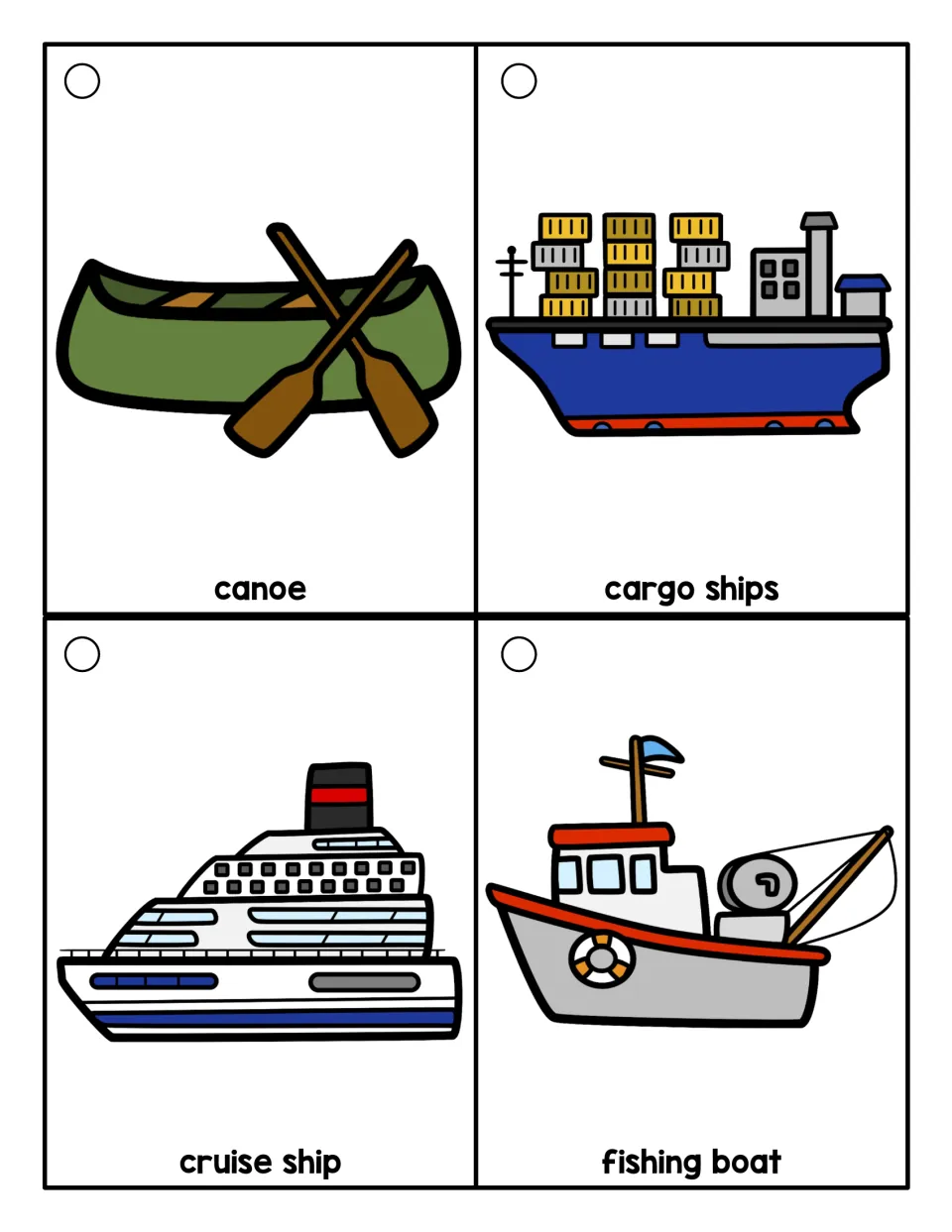 Transportation vocabulary ring cards labeled canoe, cargo ships, cruise ship, and fishing boat