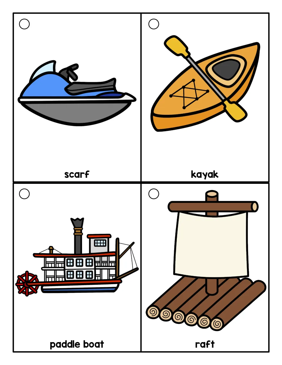 Transportation vocabulary ring cards: a jet ski labeled “scarf,” plus kayak, paddle boat, and raft