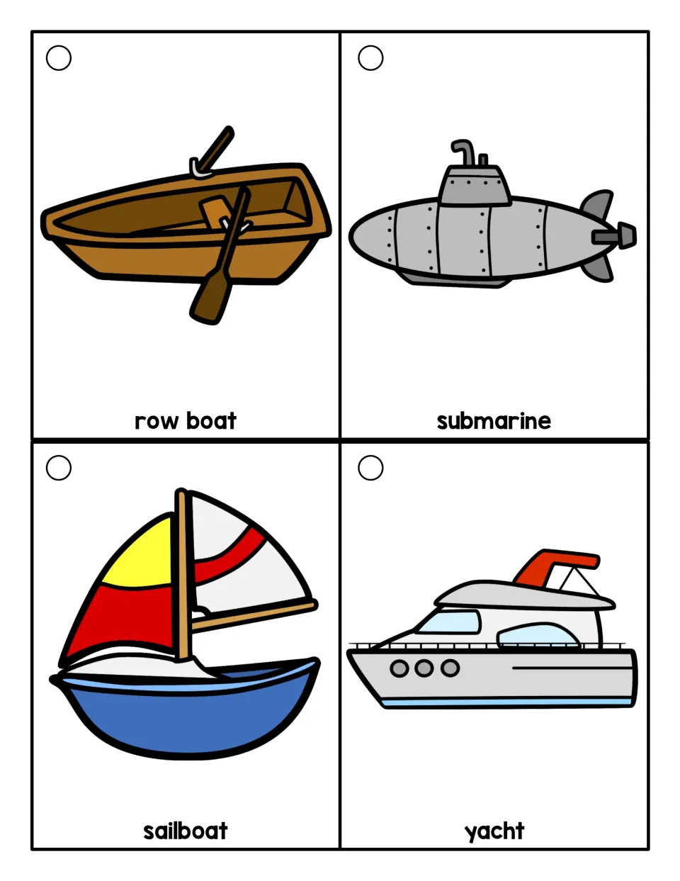 Transportation vocabulary ring cards showing a row boat, submarine, sailboat, and yacht with word labels