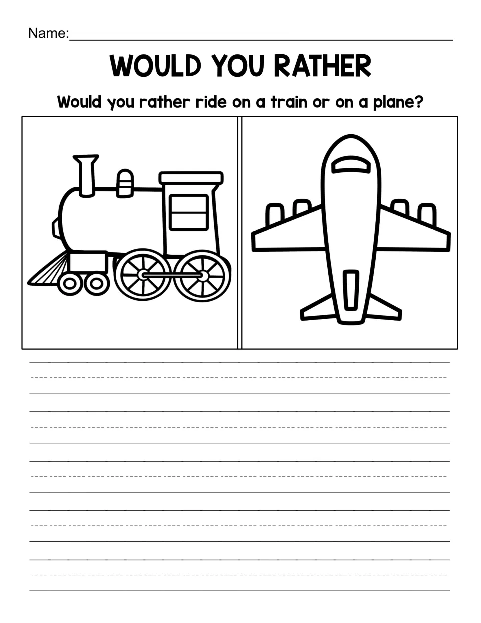Would you rather ride on a train or a plane? Students pick a pictured vehicle and write an opinion with reasons