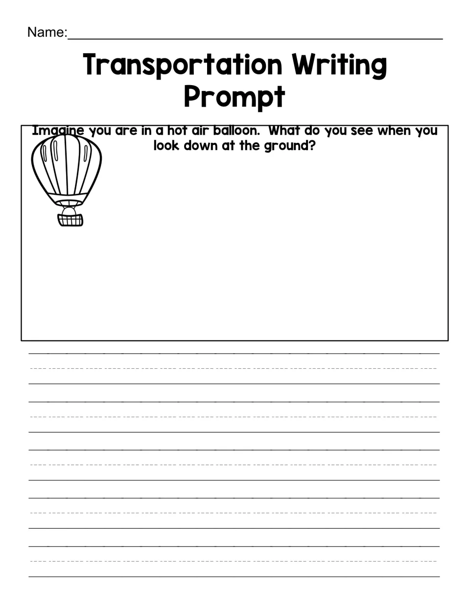 Hot air balloon writing prompt: students imagine looking down from the sky and draw and write what they see below