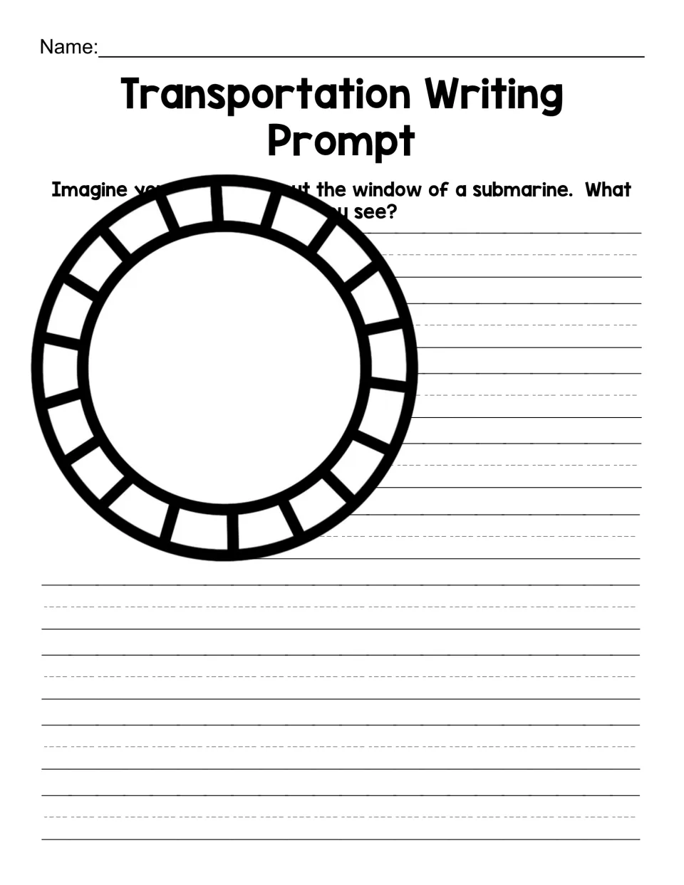 Submarine writing prompt: students draw the view inside a round porthole window, then write about what they see underwater