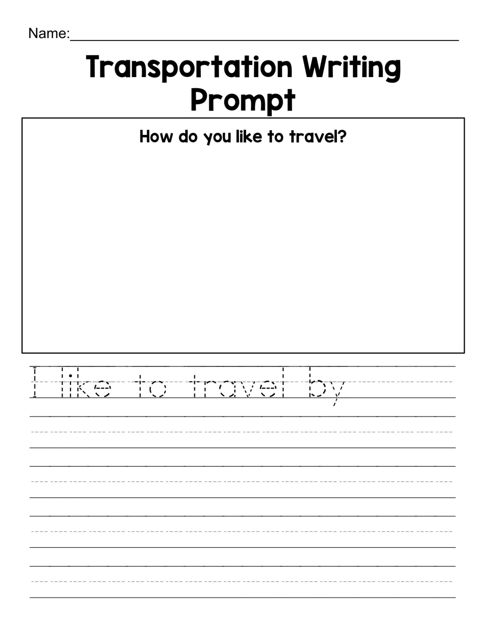 Traced sentence starter version of the travel prompt: students trace I like to travel by, then finish and draw their answer