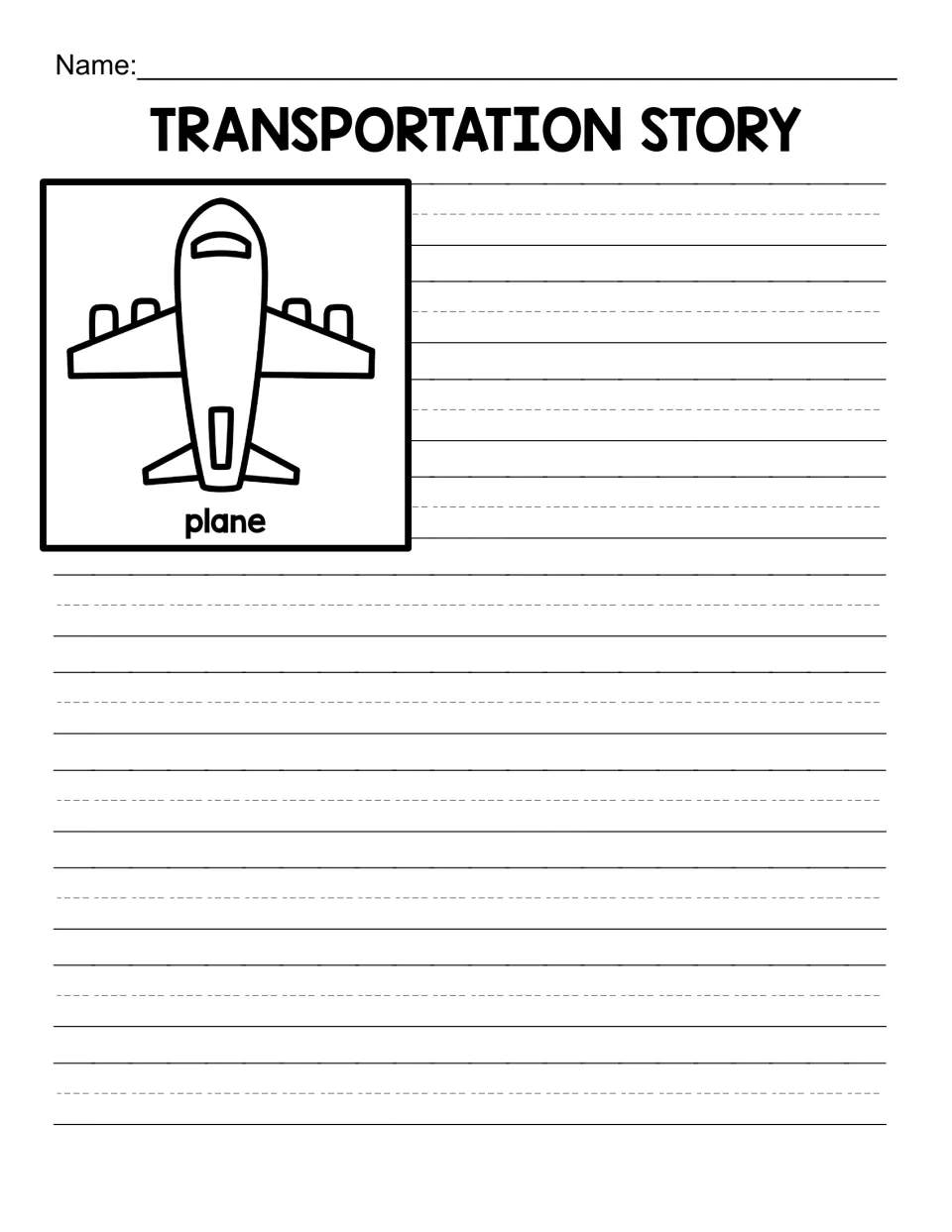 Plane story: students look at the labeled airplane drawing and write an original tale about a trip through the air