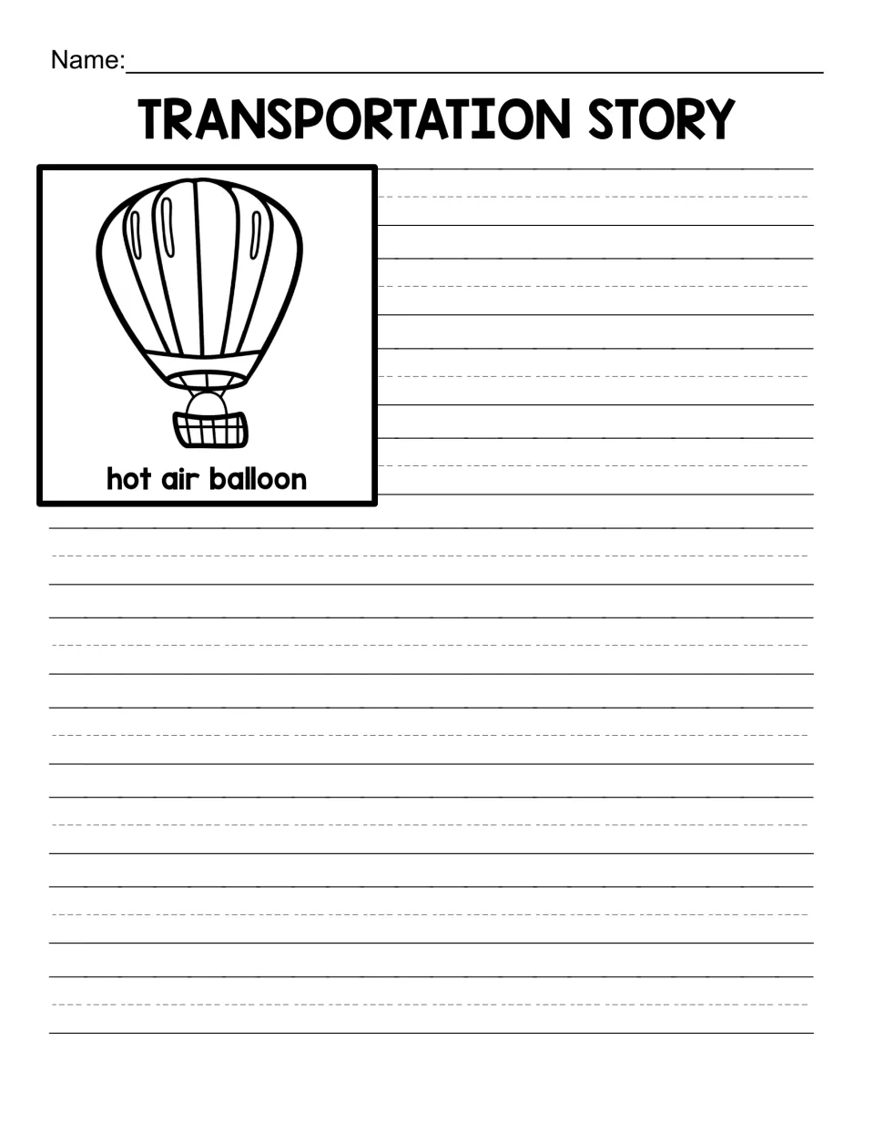 Hot air balloon story: students write an original narrative inspired by the labeled drawing of a striped canopy and basket
