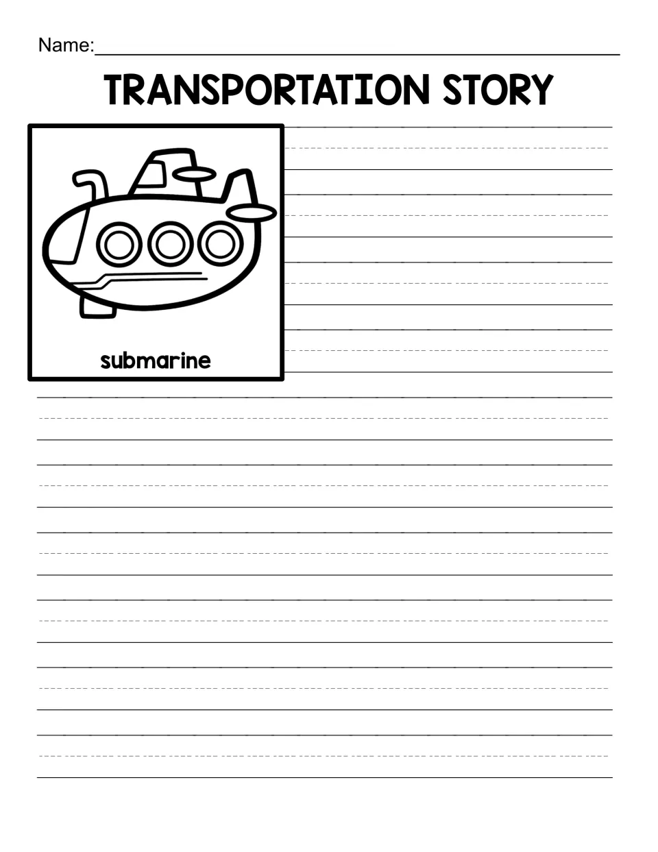 Submarine story: students write a story about the labeled undersea vessel drawn with three round portholes