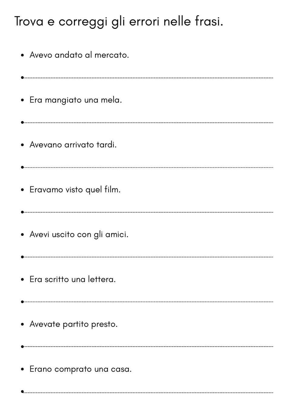 Italian past perfect error correction: eight sentences, including the incorrect 'Avevo andato al mercato'