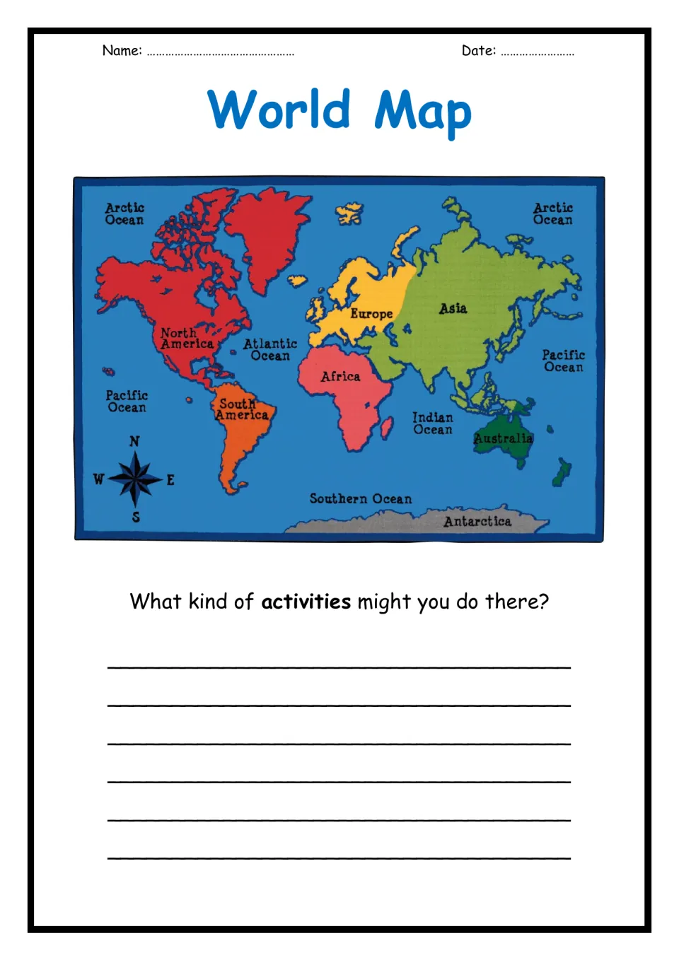 World map of continents and oceans with a compass rose; students write what activities they might do in their chosen place