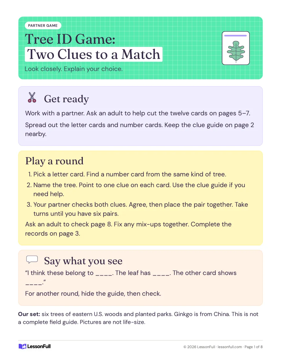 Tree matching game directions: prepare 12 cards, match six pairs, explain two clues, and take turns.