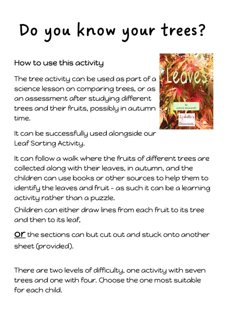 How to use the tree activity: match fruits to trees and leaves by drawing lines or cutting out; seven- or four-tree levels