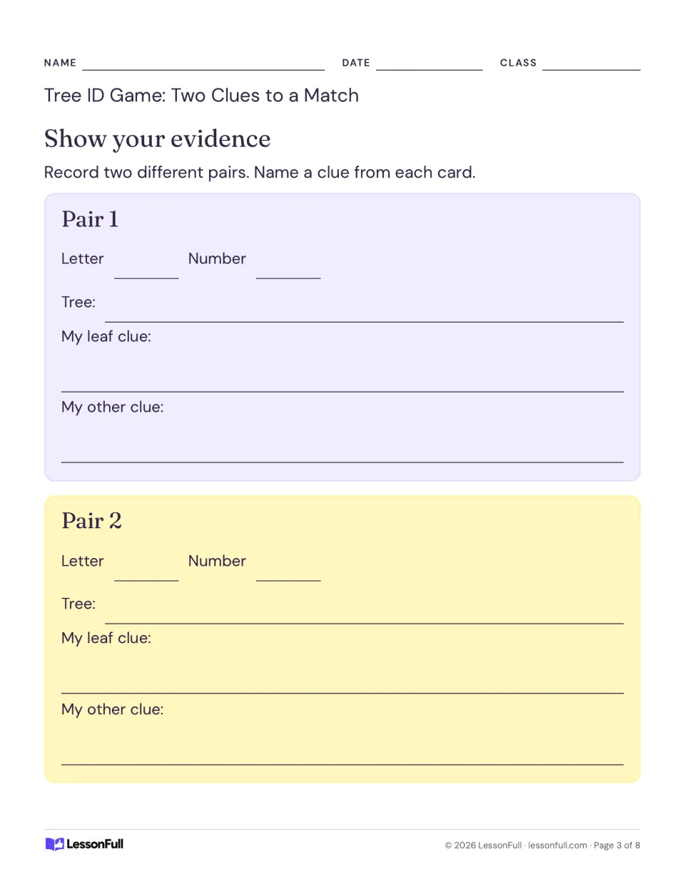 Evidence recording sheet for two tree card pairs: letter, number, tree name, leaf clue, and other clue.