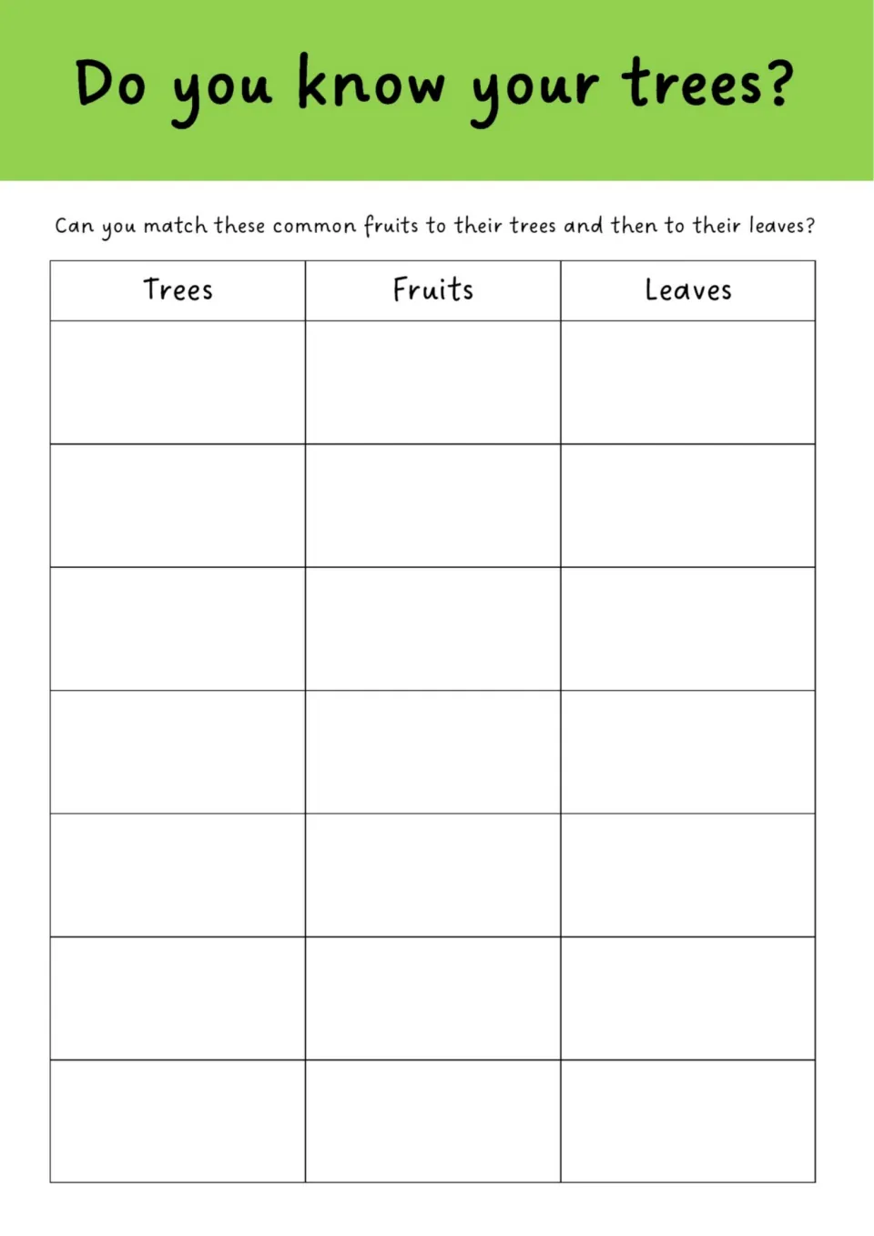 Stick-down sheet for the seven-tree match: students glue cut-out tree names, fruits and leaves under matching headings